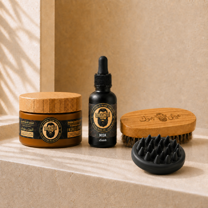 Soft Beard Kit with Misk Arabian Beard Oil, Beard Softener, Bamboo Beard Brush, and Beard and Hair Scrubber